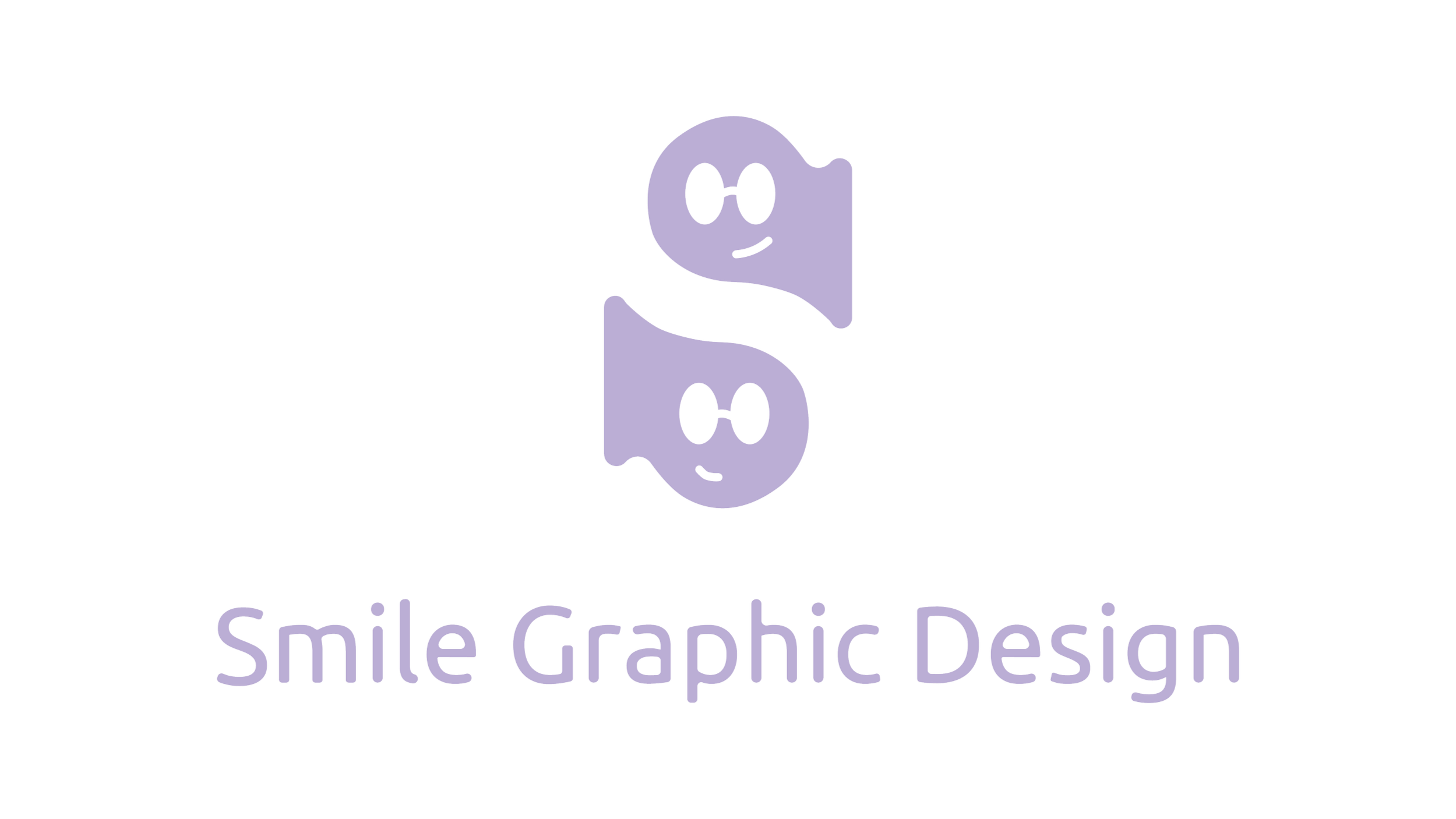 A logo with two purple smiling faces, one above the other, connected by a black curved line, with the text 'Smile Graphic Design' below.