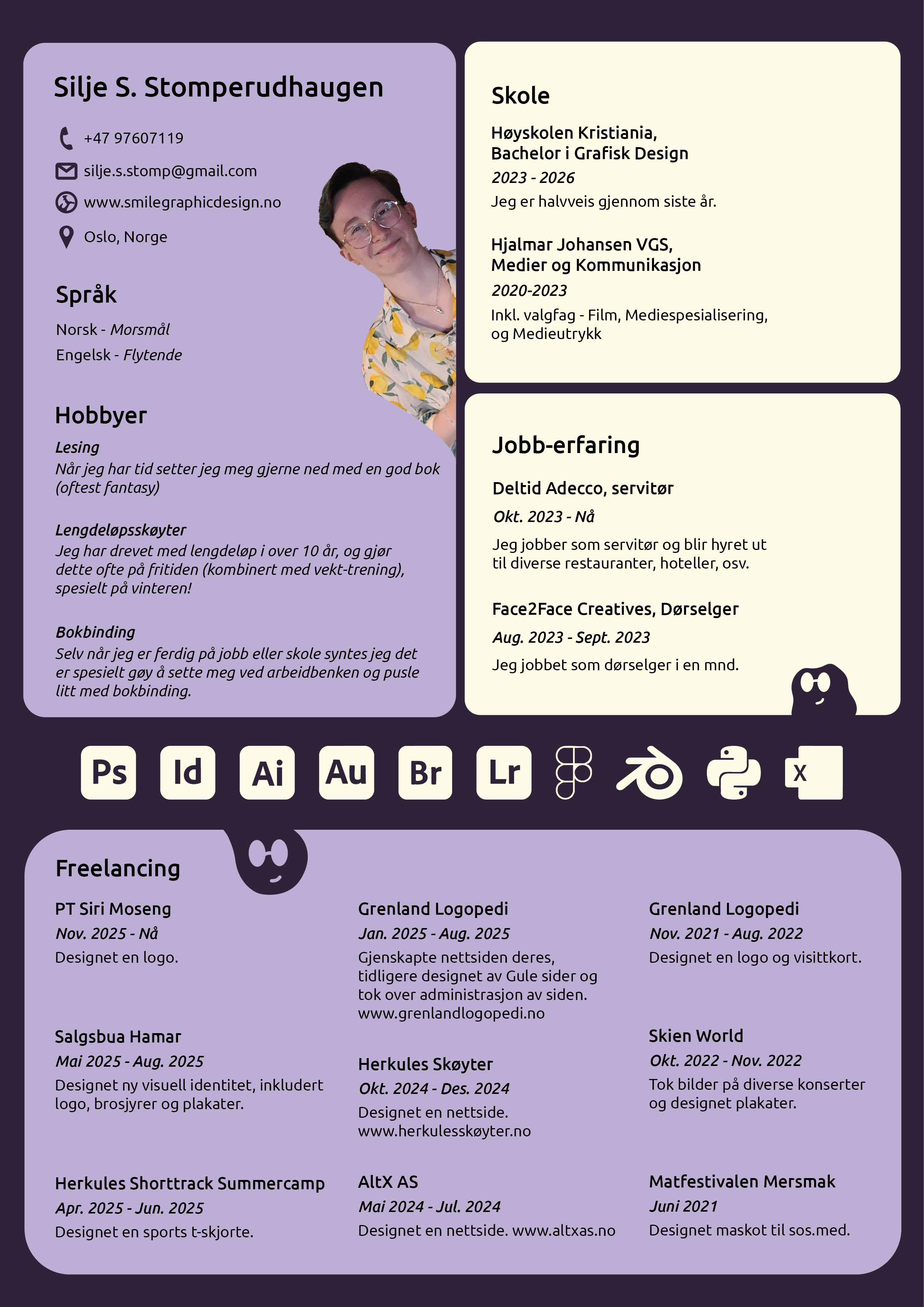 A personal resume and portfolio in Norwegian with a photo of a young woman wearing glasses and a yellow patterned shirt. The document displays contact information, language skills, hobbies, education, work experience, and freelance projects, along with logos of various design and editing software at the bottom.