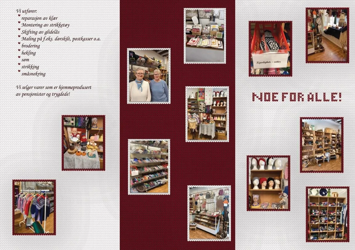 A collage of photos and text describing a thrift store selling handmade and secondhand items for women. The photos show clothing racks, shelves of shoes, handbags, and display tables with dolls and accessories. Text in Swedish lists various sewing and mending services and mentions that the store sells items made by pensioners and farmers.