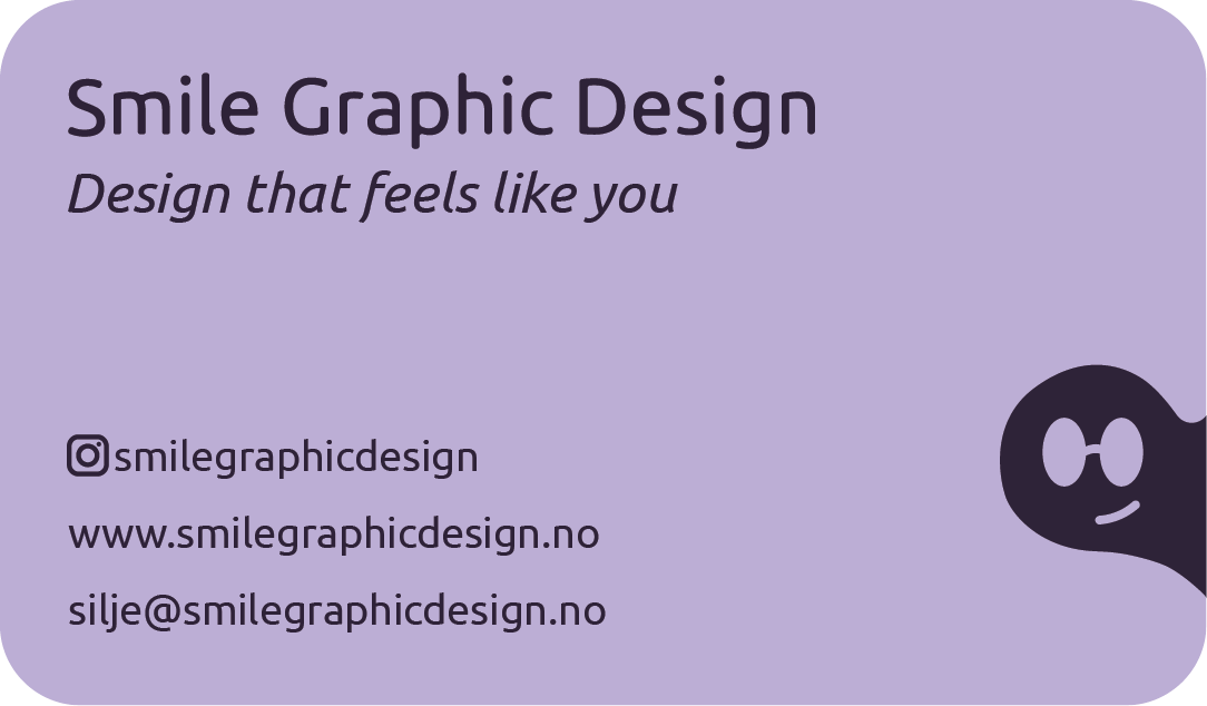 Purple business card for Smile Graphic Design with contact information and a cartoon character with sunglasses and a small smile.