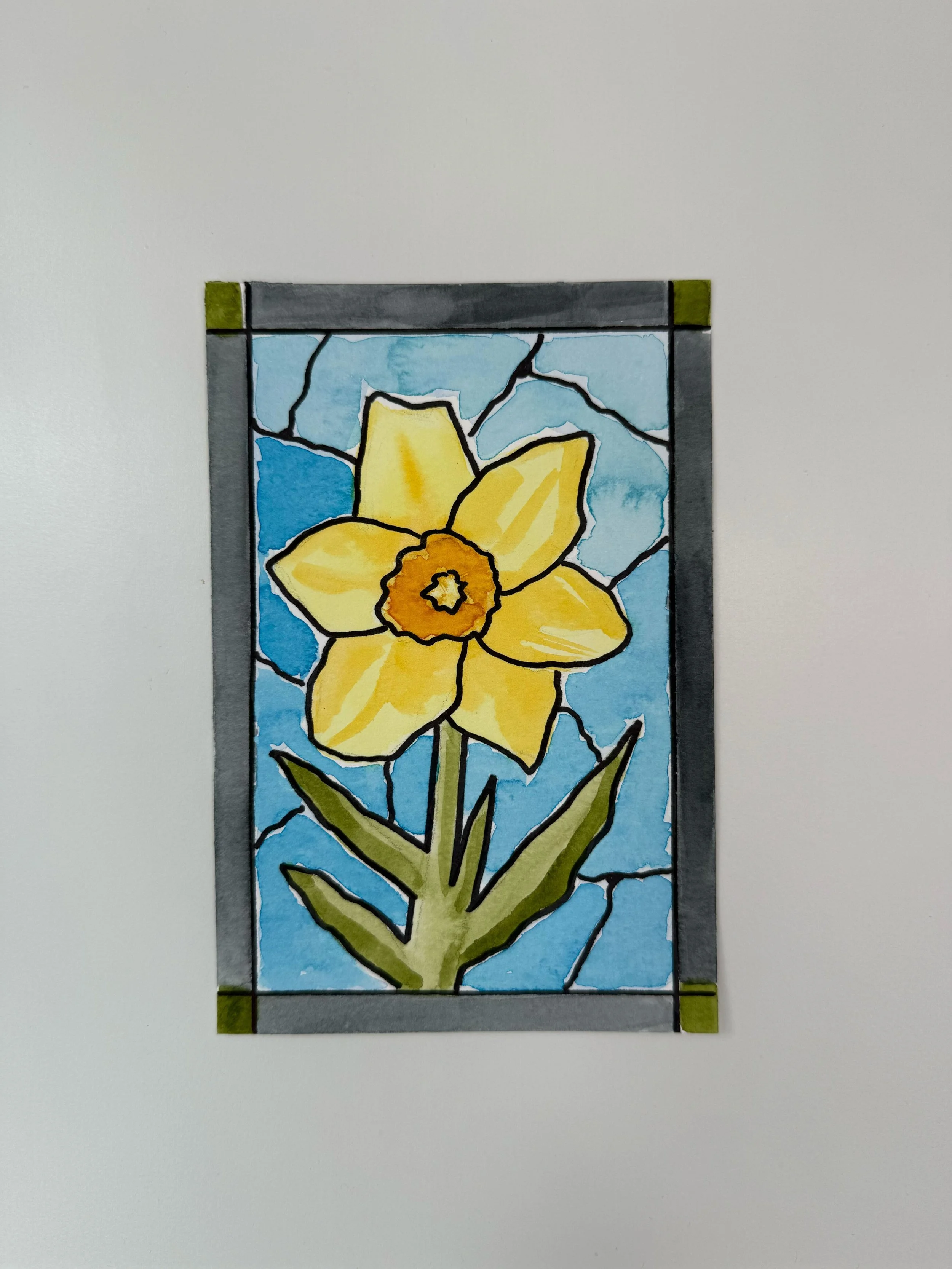 Daffodil Stained Glass Watercolor Print (5x7)