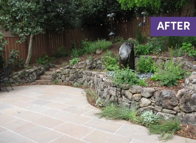 After photo of a front garden landscape stone patio with fountain moss rock retaining walls and california native plantings
