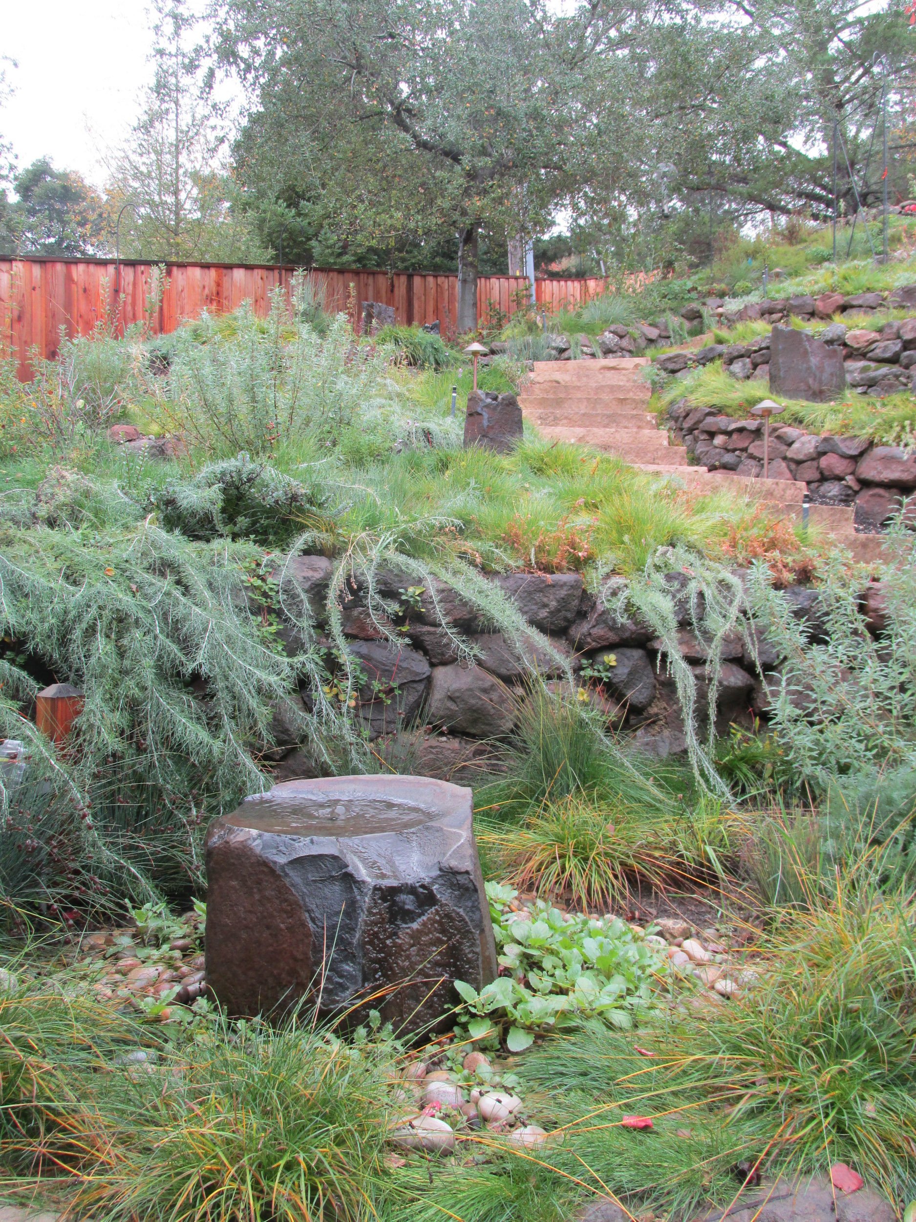 water feature stone basin fountain california native plant ecology garden slope stone wall