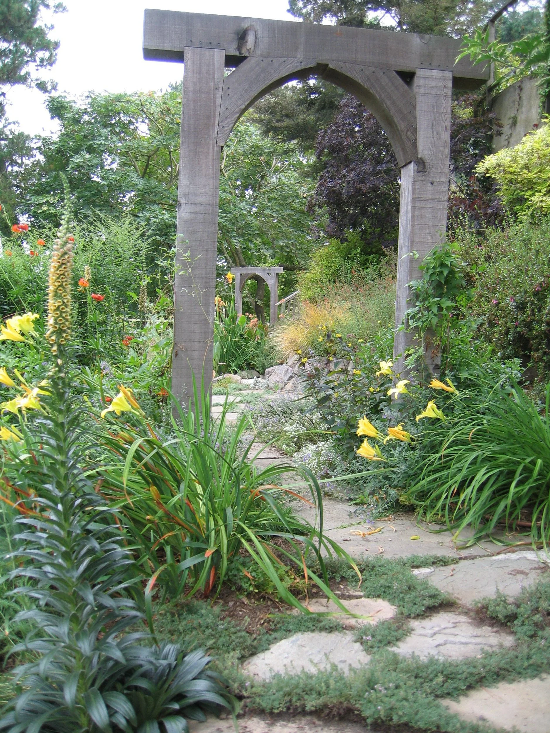 Wood landscape arbor archway flagstone path lilies yellow lush cottage garden california