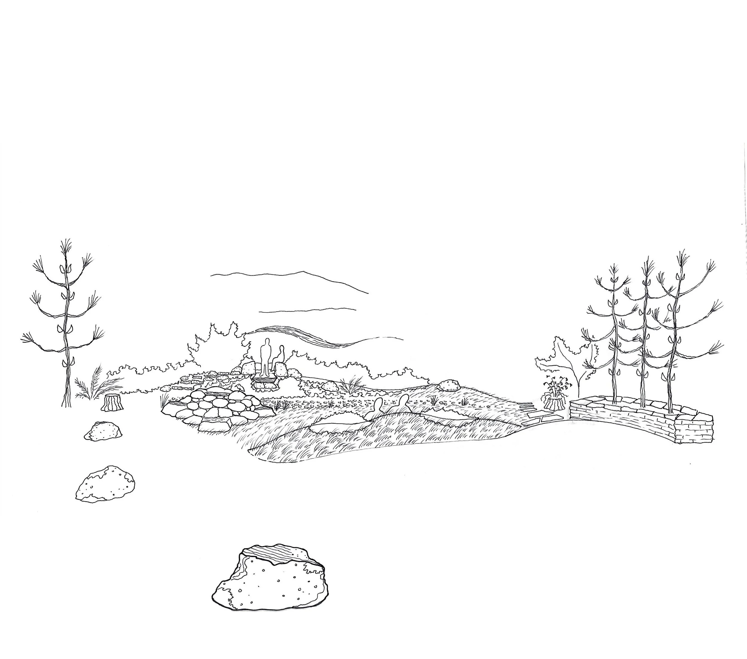 A conceptual sketch for a rock garden inspired by a visual connection to the Mt. Diablo range.