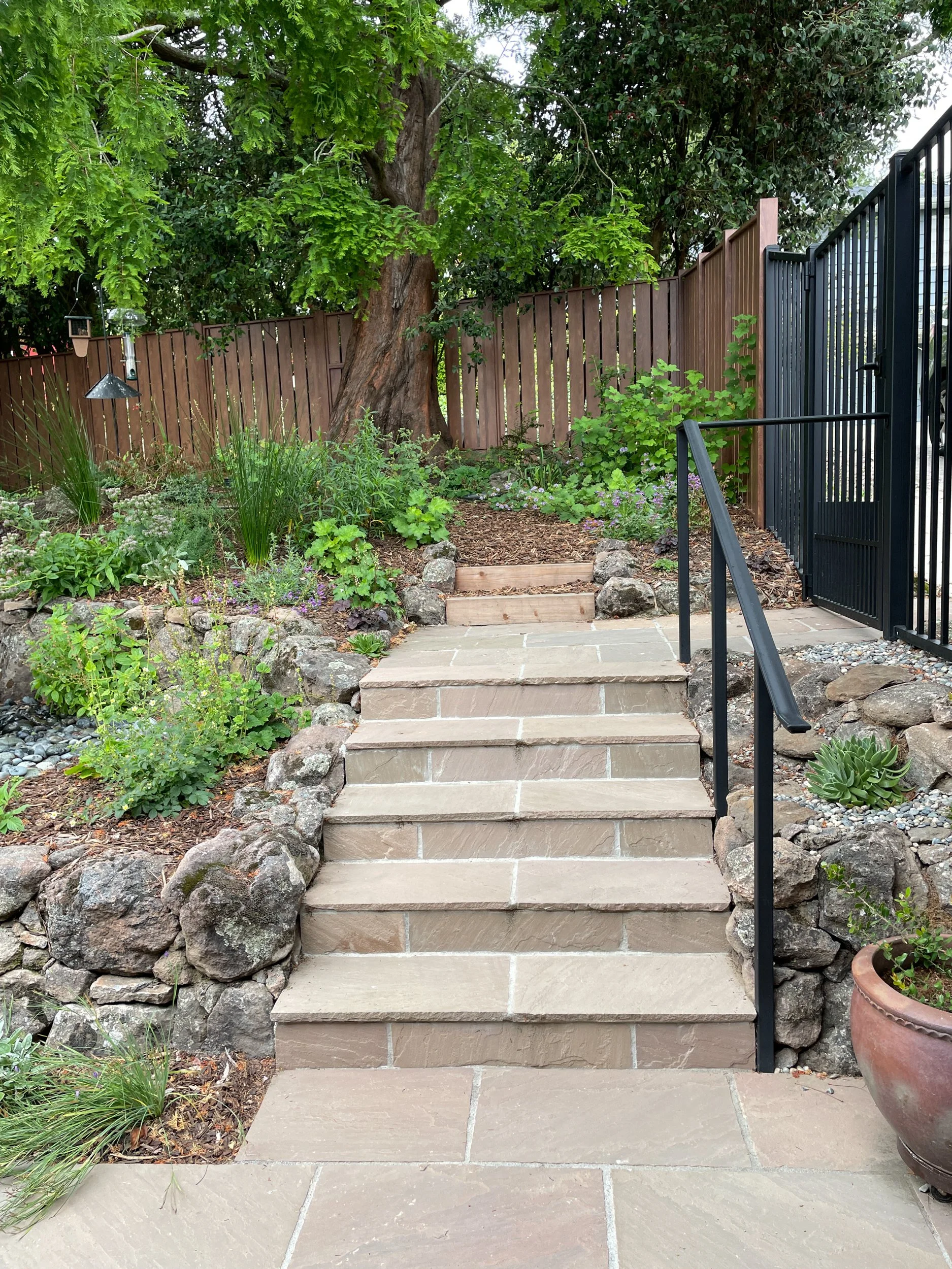 Moss rock walls and stone steps with a metal railing intersect in this firesafe berkeley hills bird garden filled with california native plants