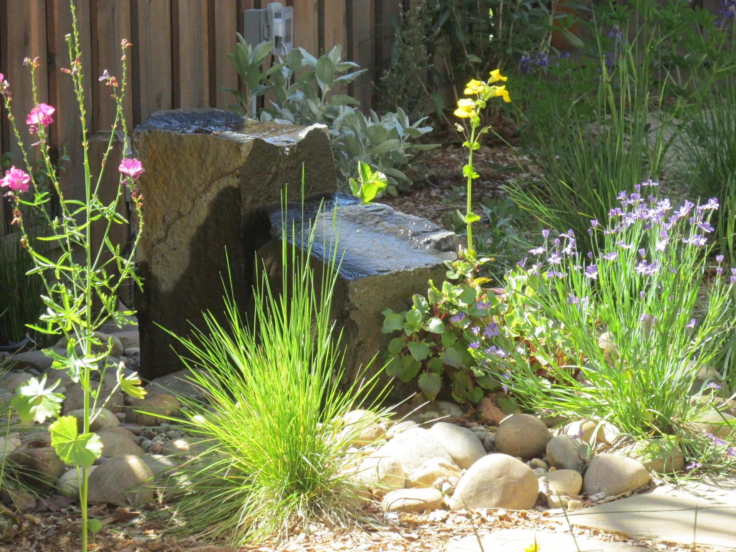 Tall stone column fountain water feature with california native plants in a residential garden.