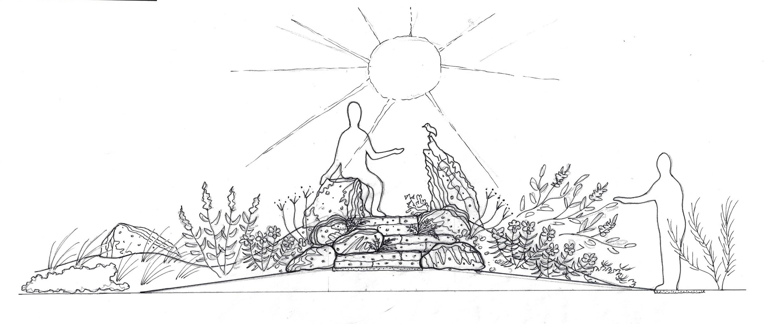 A conceptual sketch for a rock garden inspired by a visual connection to the Mt. Diablo range.