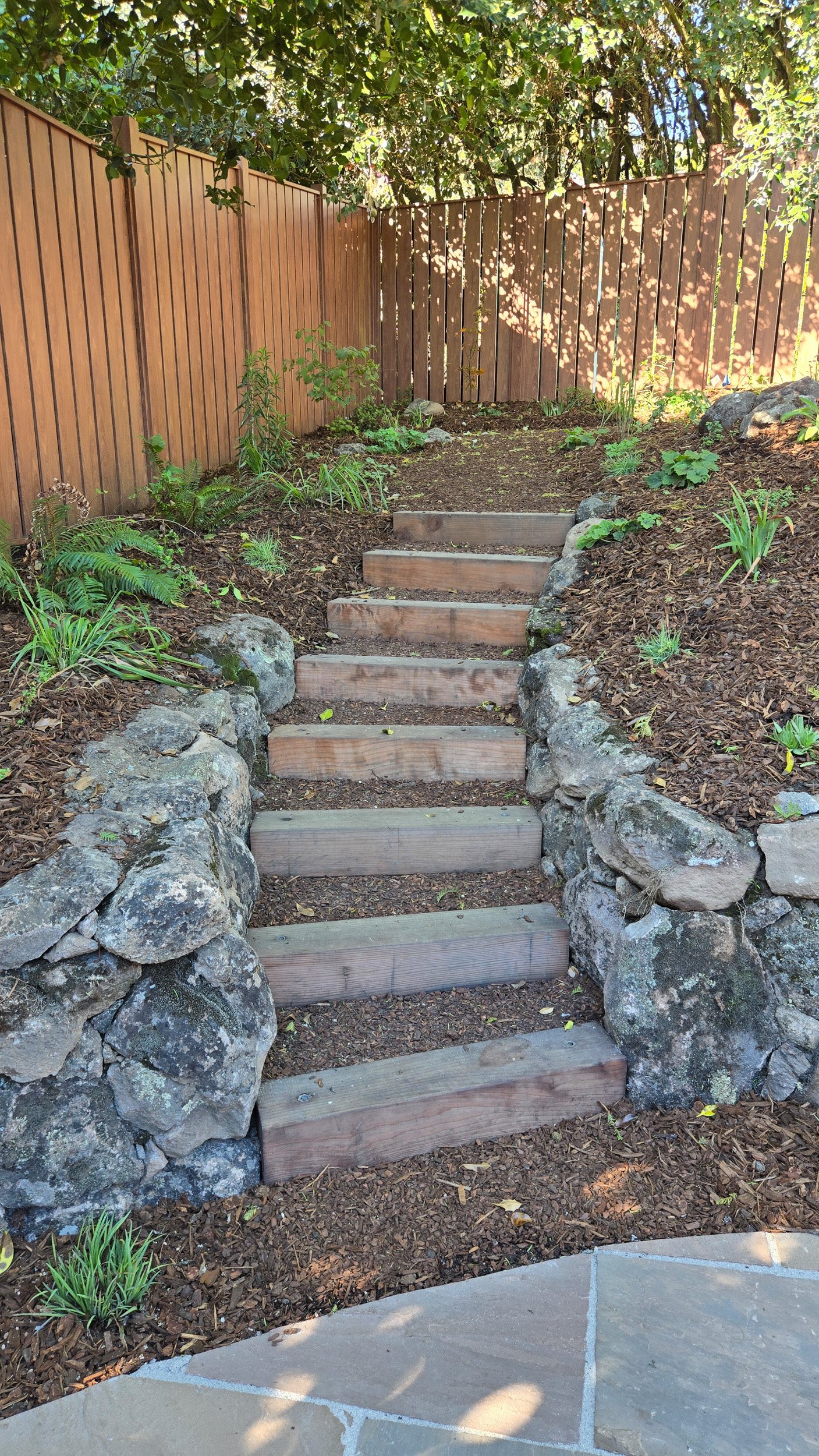 Timber tie curved wood steps with a grey dry stacked stone wall in a california native plant garden.