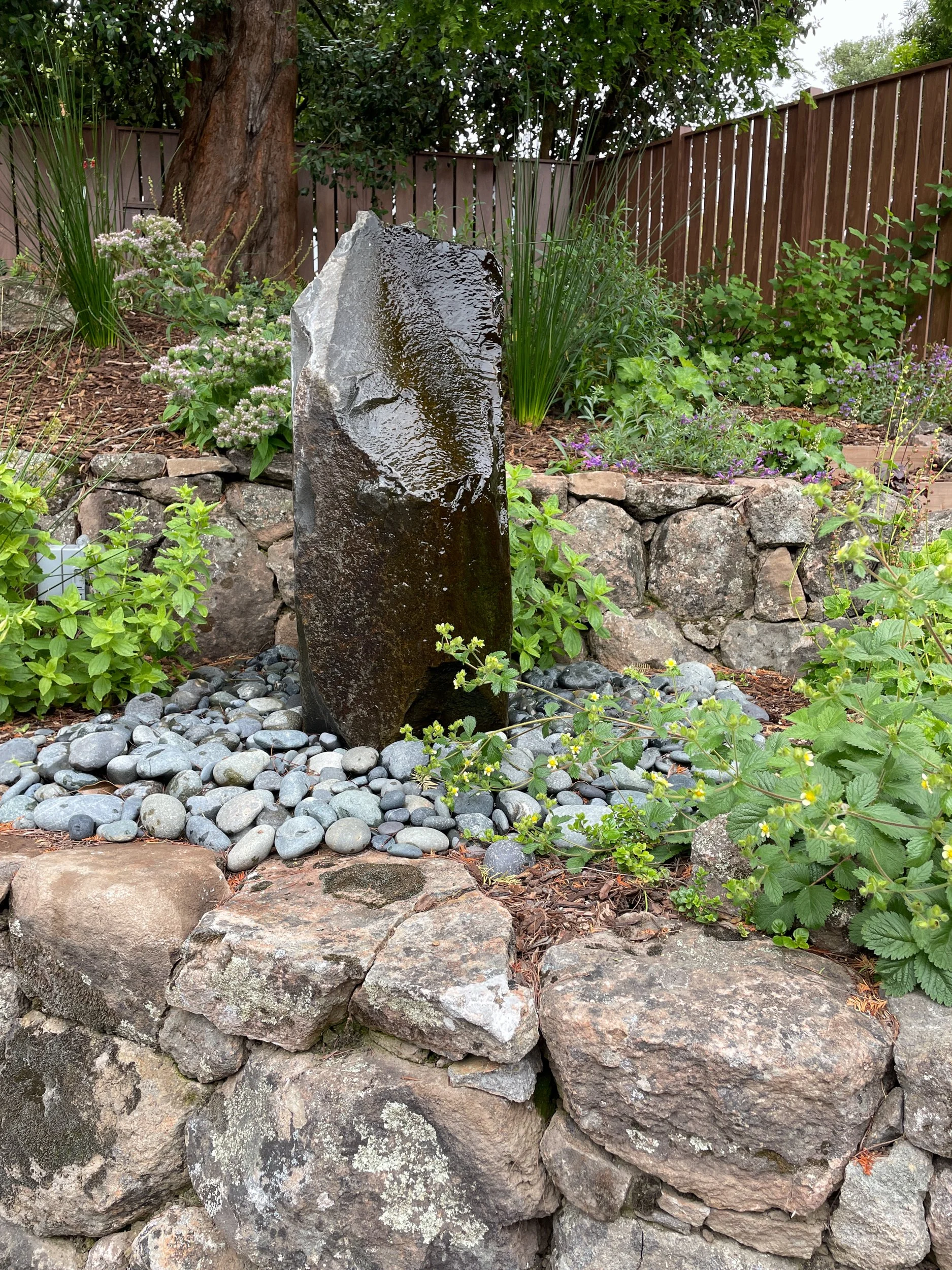 Moss rock walls surround a columnar stone fountain and california native plants in this berkeley hills bird garden