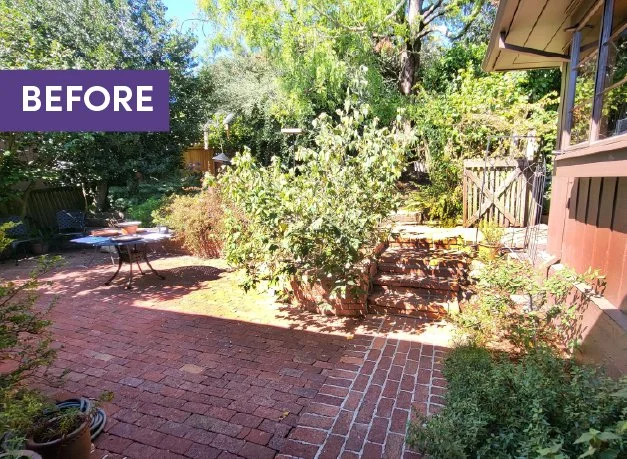 Before image of a front landscape brick patio with overgrown plantings and wood gate