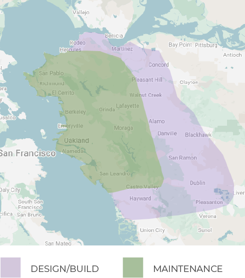 Oakland, Emeryville, Berkeley, El Cerrito, Richmond, San Pablo, El Sobrante, Orinda, Lafayette, Moraga, Alameda, San Leandro, Castro Valley, Hayward, Pleasanton, Dublin, San Ramon, Blackhawk, Danville, Alamo, Walnut Creek, Martinez, Pleasant Hill