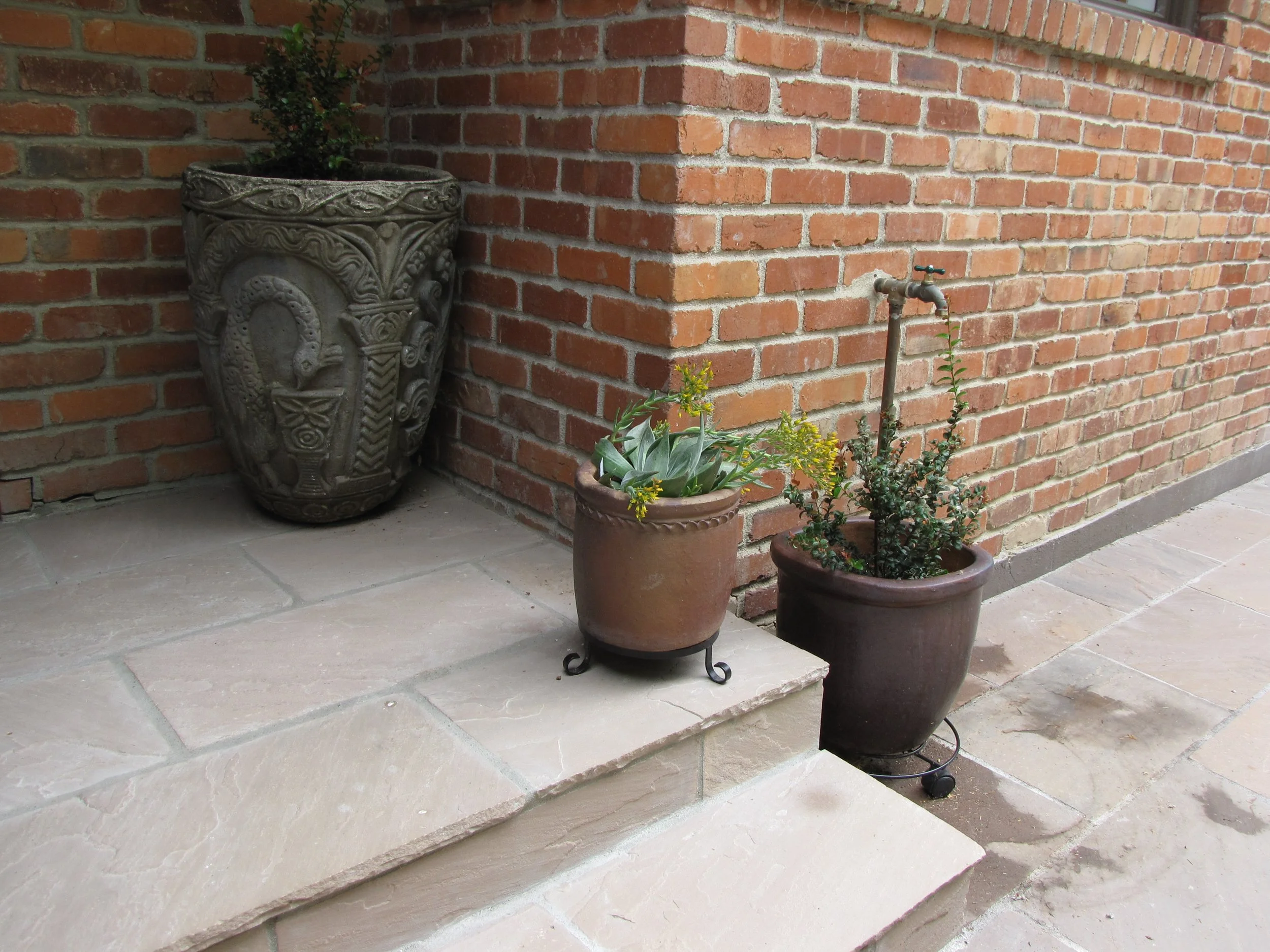 Stone steps and patio with potted plants next to a front entry in a berkeley hills firesafe residential garden