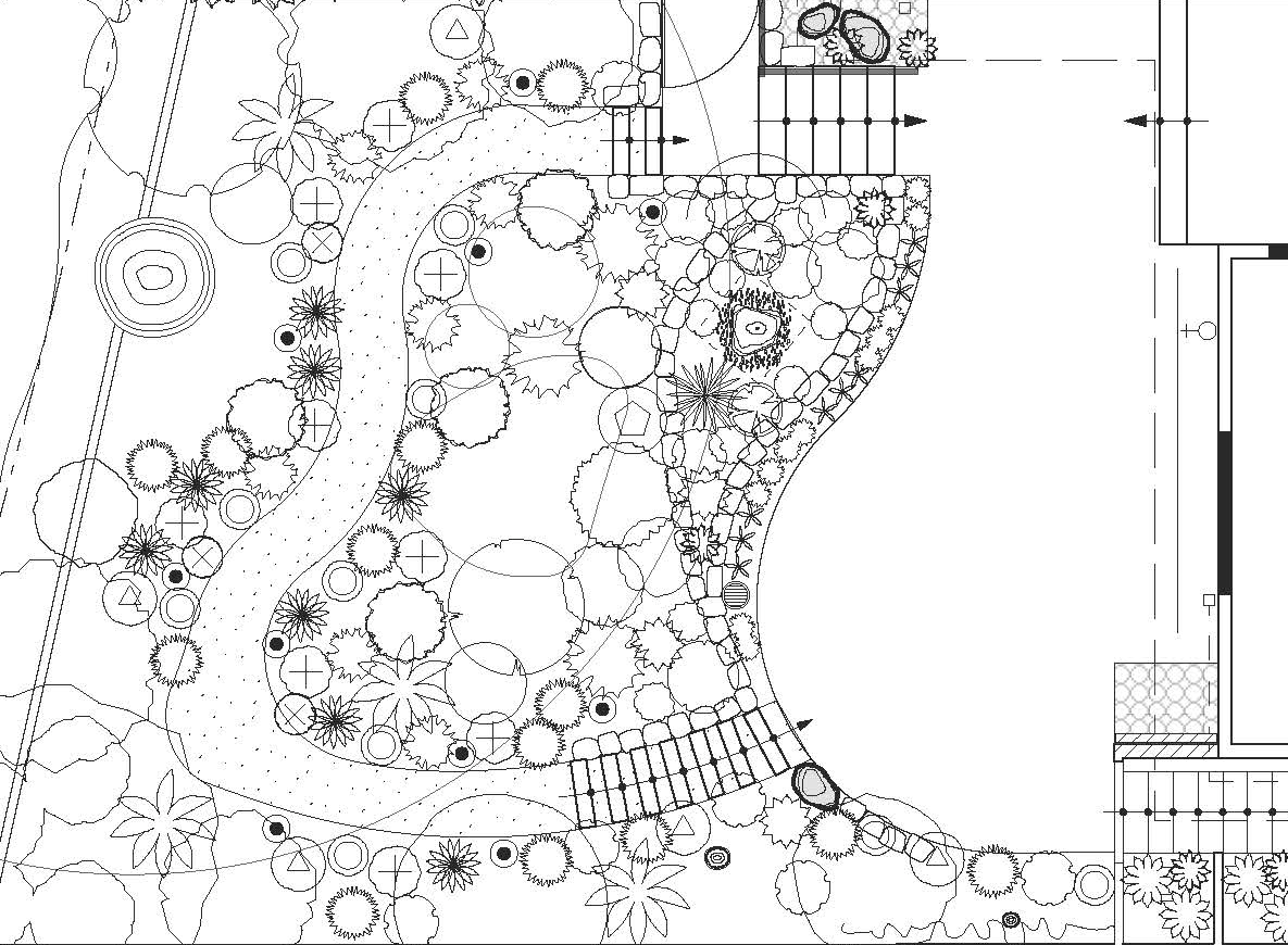 Planting plan with a large stone patio, curved rock walls, a mulch pathway, timber tie steps, and california native plantings