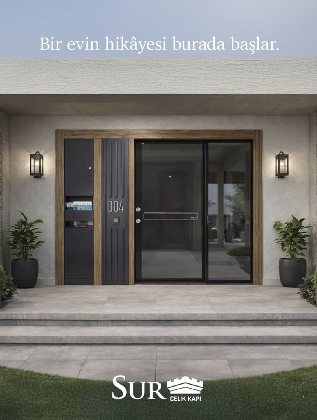 Modern house entrance with a gray door, glass sliding door, potted plants, and outdoor lighting. Turkish text at the top says "A house story starts here."