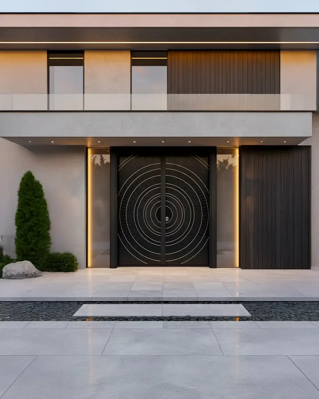 Modern house entrance with double black doors featuring concentric circle patterns, flanked by vertical lighting, and surrounded by minimalist landscaping including a tall green shrub and rocks.