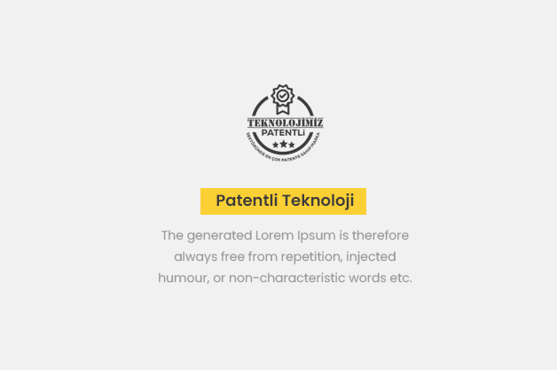 Logo with gear and star, text 'TEKNOLOJIMIZ PATENTLİ', and a yellow banner with 'Patentli Teknoloji' written on it, followed by placeholder text.