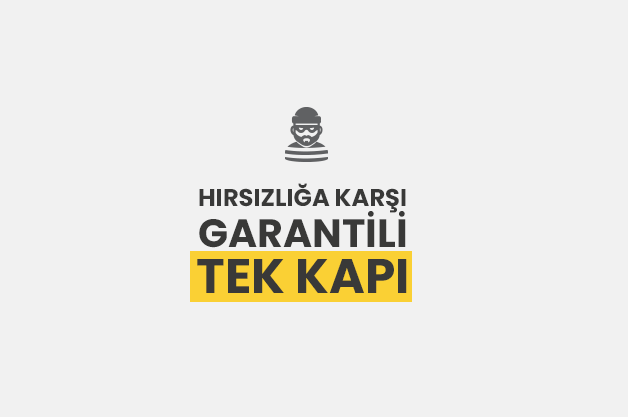 Text in Turkish reading "Counterfeit guarantee against theft, single door" with a thief icon above.