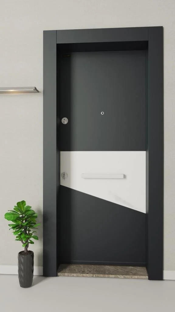 Black door with a white diagonal stripe, a door handle, and a peephole, set in a modern interior, with a potted green plant nearby.