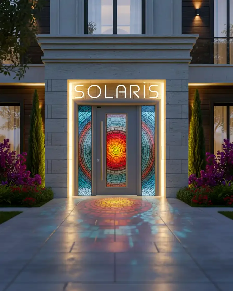 Modern building entrance with illuminated 'SOLARIS' sign, stained glass door with colorful sunburst design, and decorative lighting.