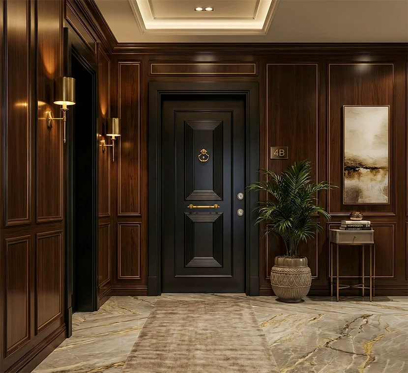 Elegant hotel or apartment lobby with dark wood paneling, a black door with gold accents, wall sconces, a potted plant, a small side table, and marble flooring.
