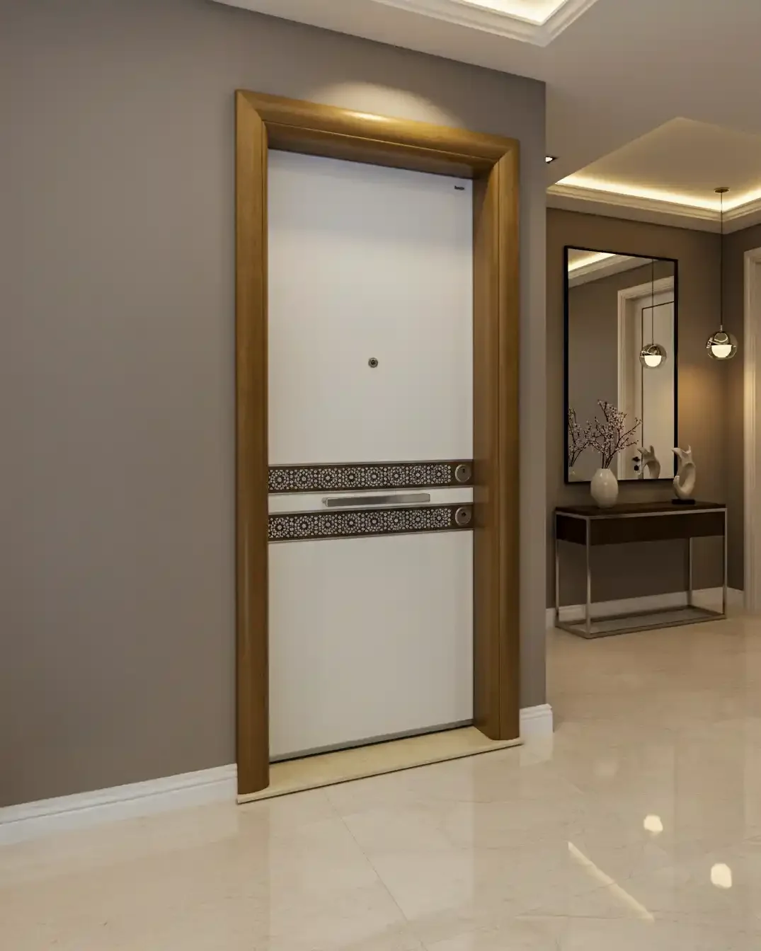 Luxury elevator door with decorative patterned stripes, framed in wood, in a modern hallway with a console table, vases, framed mirror, and ambient lighting.
