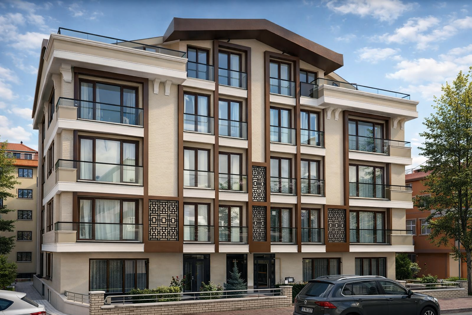 Balkonlu, dekoratif cephe unsurlarına sahip ve önünde otopark alanı bulunan modern çok katlı apartman binası.