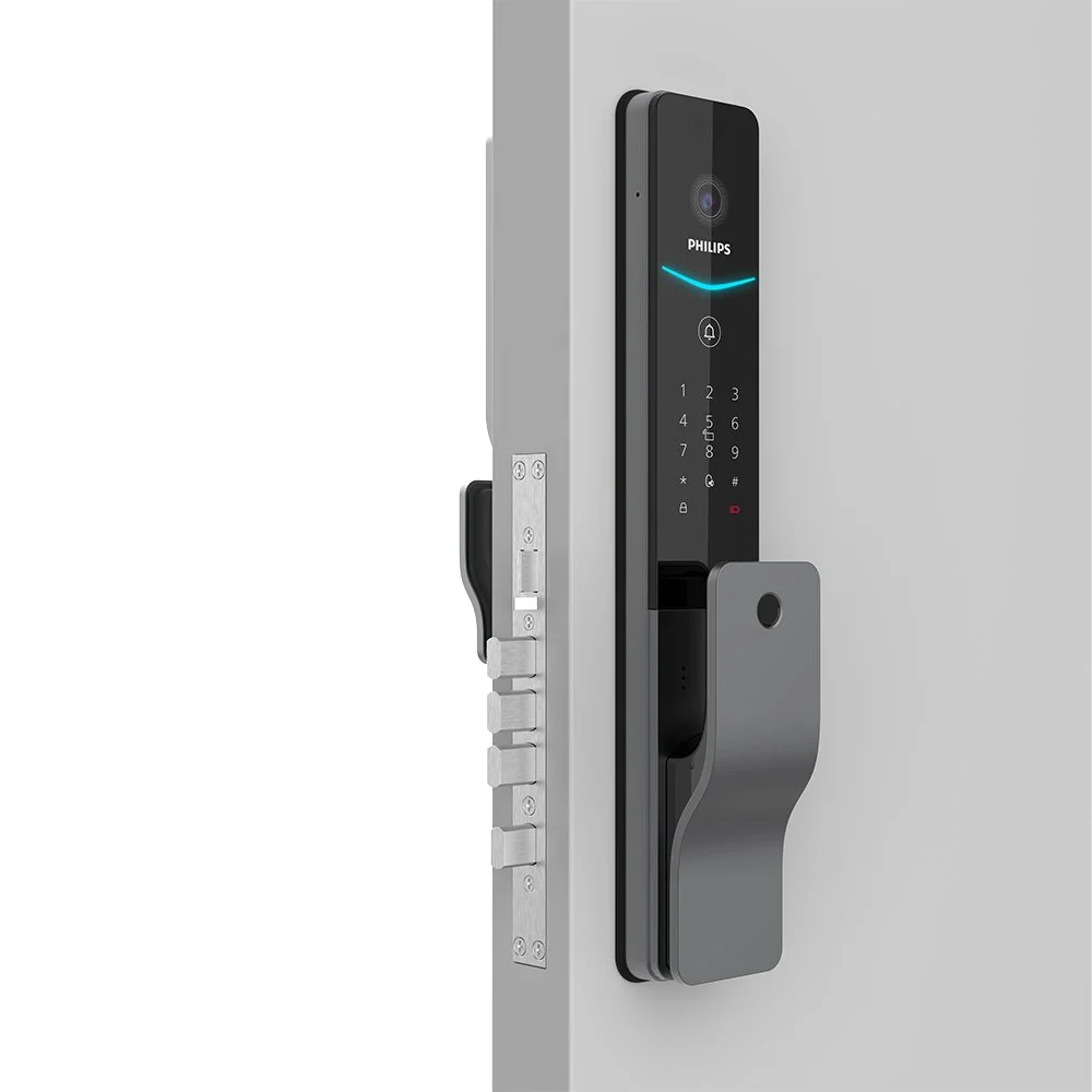 Smart black door lock with a digital keypad, fingerprint scanner, and LED display mounted on a gray door.