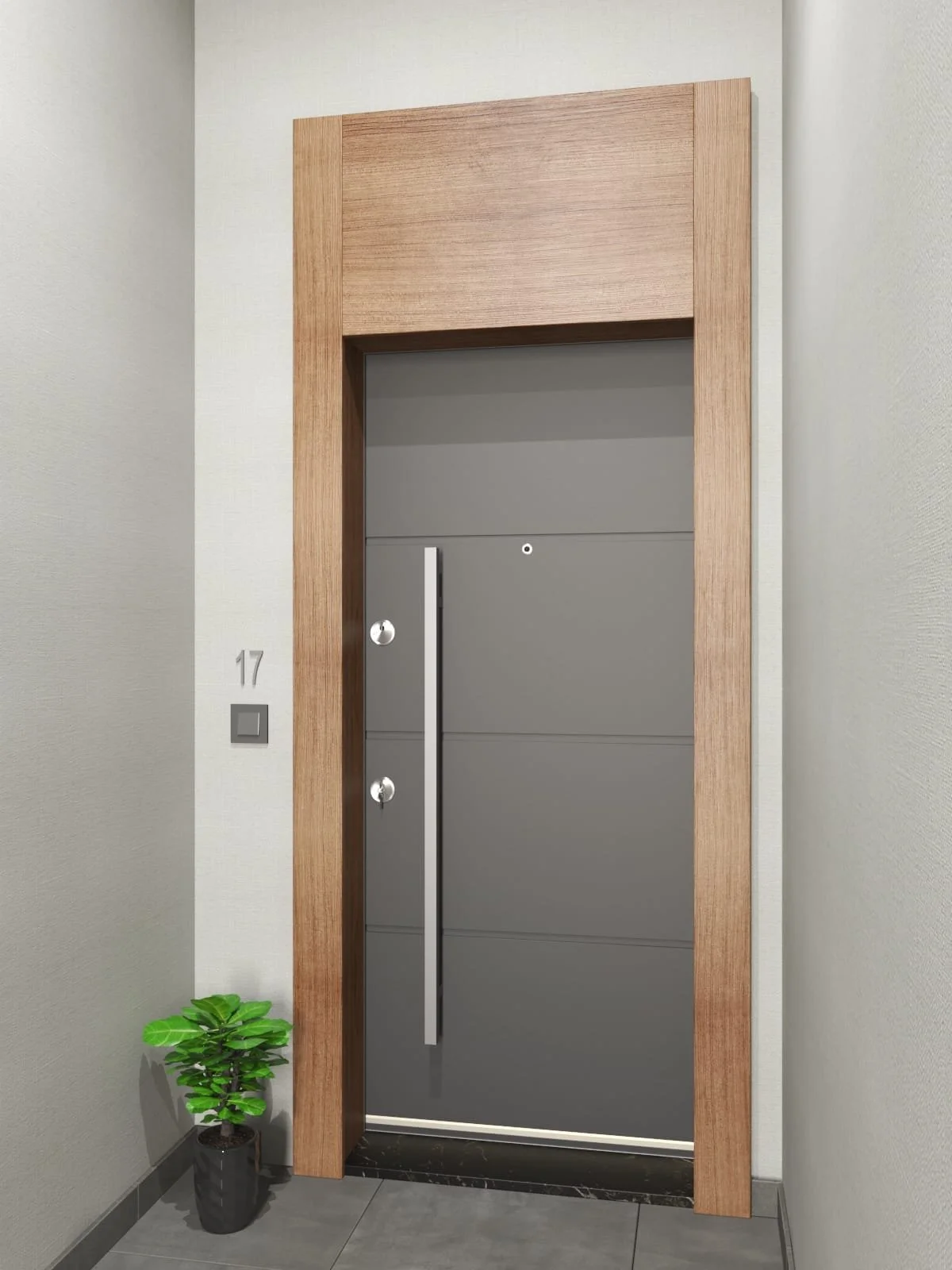Modern apartment entrance door with a large vertical handle, set in a wooden frame, and a small potted green plant to the left.