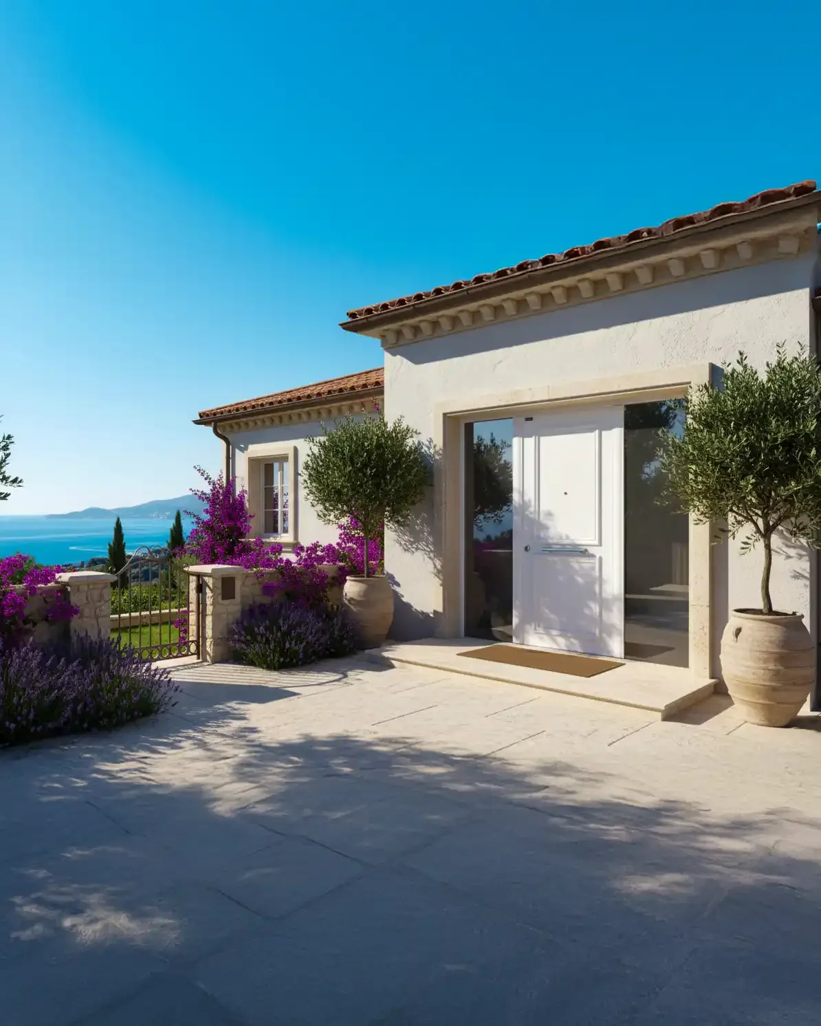 Exterior view of a white house with a tiled roof, large glass door, potted trees, purple flowering bushes, fence, and a view of the sea and mountains in the background.