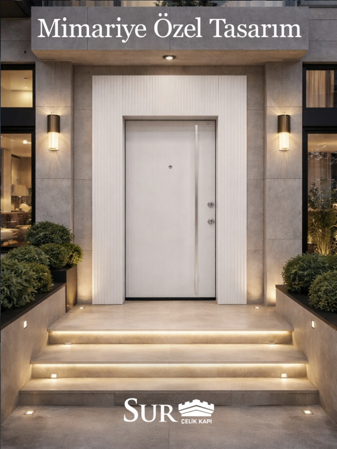 Modern building entrance with a white door, illuminated by wall-mounted lights, flanked by potted green plants, with a sign reading 'Mimariye Ozel Tasarim' at the top and a logo with text 'SUR' and 'Celik Kapi' at the bottom.