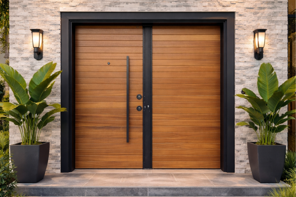 Ahşap panelleri, siyah çerçevesi, büyük dikey kolu ve her iki yanında saksıda iki bitkisi bulunan modern ön kapı; duvara monte edilmiş aydınlatmalar ve taş duvar arka planı ile tamamlanmıştır.