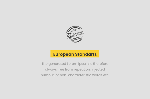 A gray background featuring a stamp with the European Standards logo and text, and a yellow banner with "European Standarts." Below the banner is placeholder text about Lorem Ipsum.