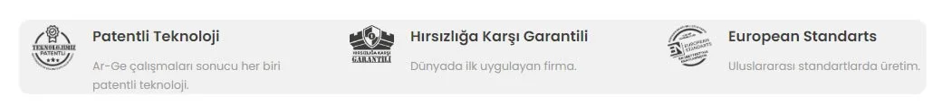 Patentli teknoloji, hırsızlığa karşı garanti ve Avrupa standartlarını vurgulayan üç bölümden oluşan metin tabanlı afiş.