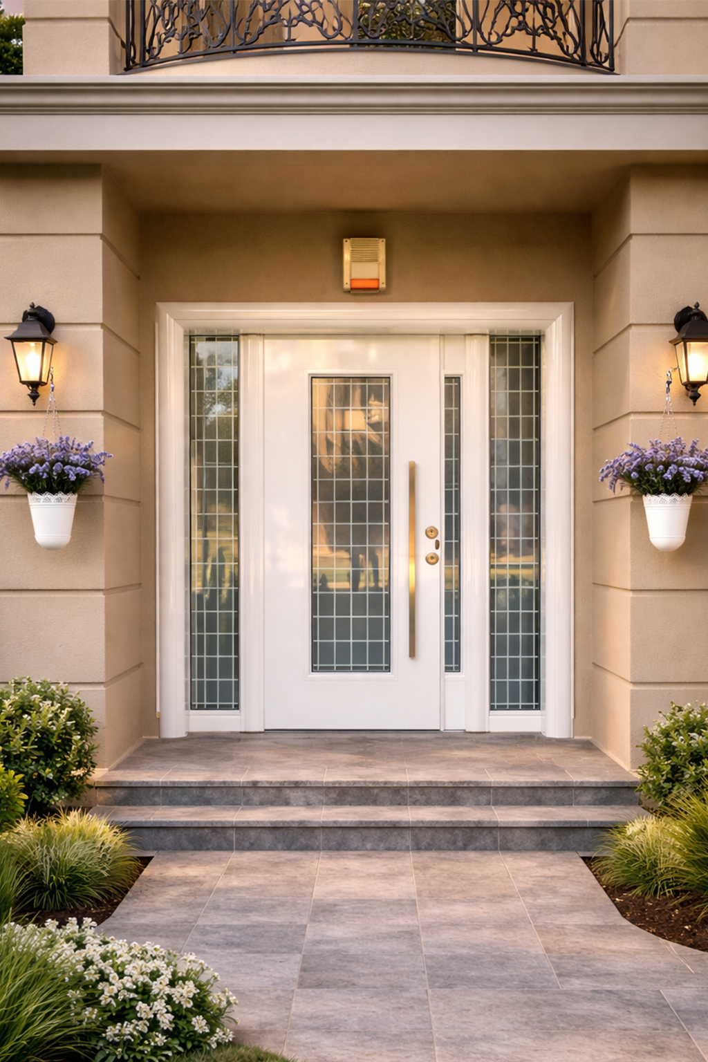 Front view of a modern house with a white door and side glass panels, two wall-mounted lanterns with hanging purple flowers, potted flowers on either side of the door, stone steps, and a landscaped garden with plants and white flowers.