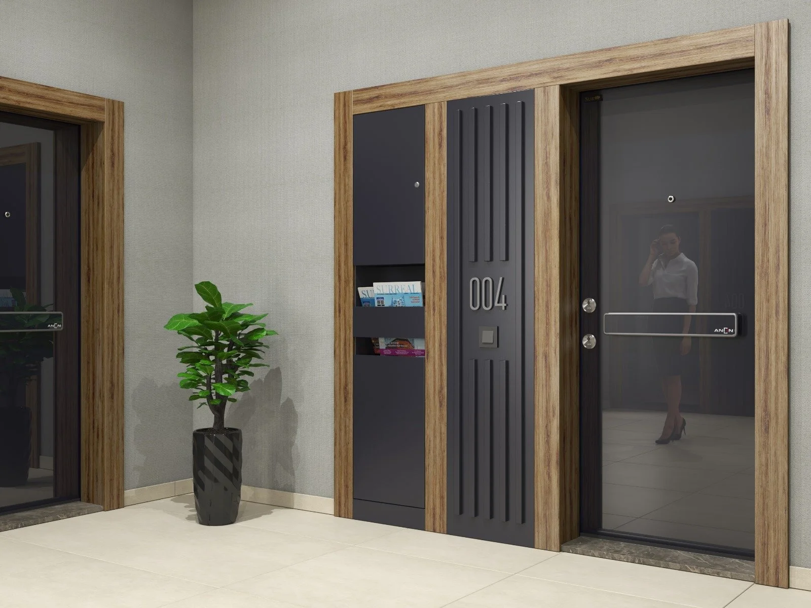 Entrance to a modern apartment with black glass doors, wooden frame, and a plant in a black patterned pot, with a woman reflected in the glass door.