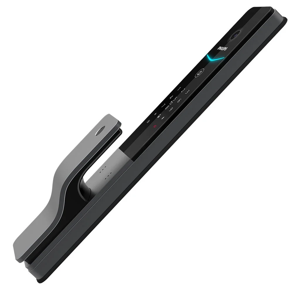 A modern smart door lock with a touch keypad and fingerprint scanner, manufactured by Philips.