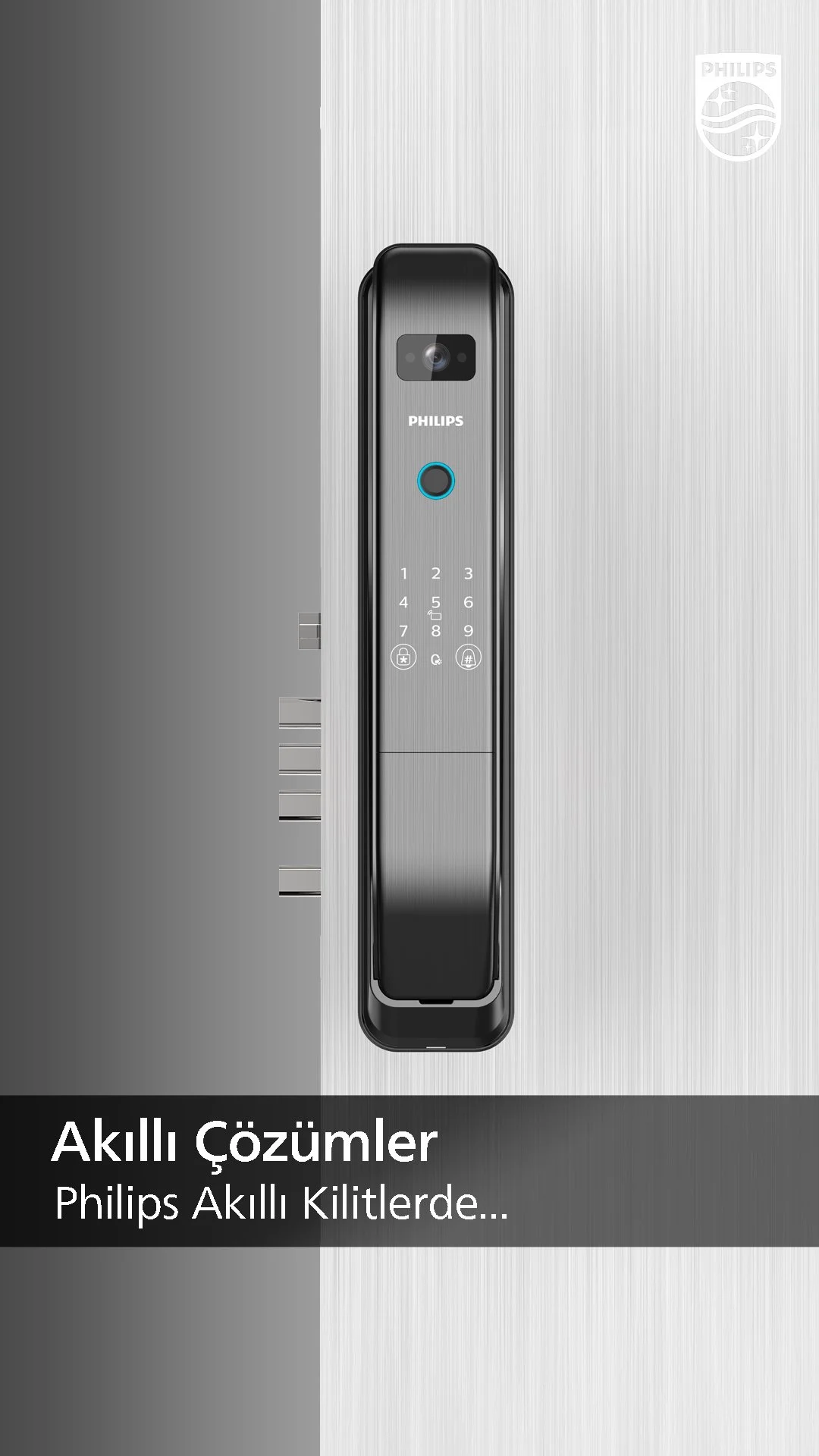 Close-up of a sleek, silver Philips smart electronic door lock with a touch keypad and a camera at the top, set against a metallic background, with a Turkish text overlay saying 'Smart Solutions' and 'Philips Smart Locks'.