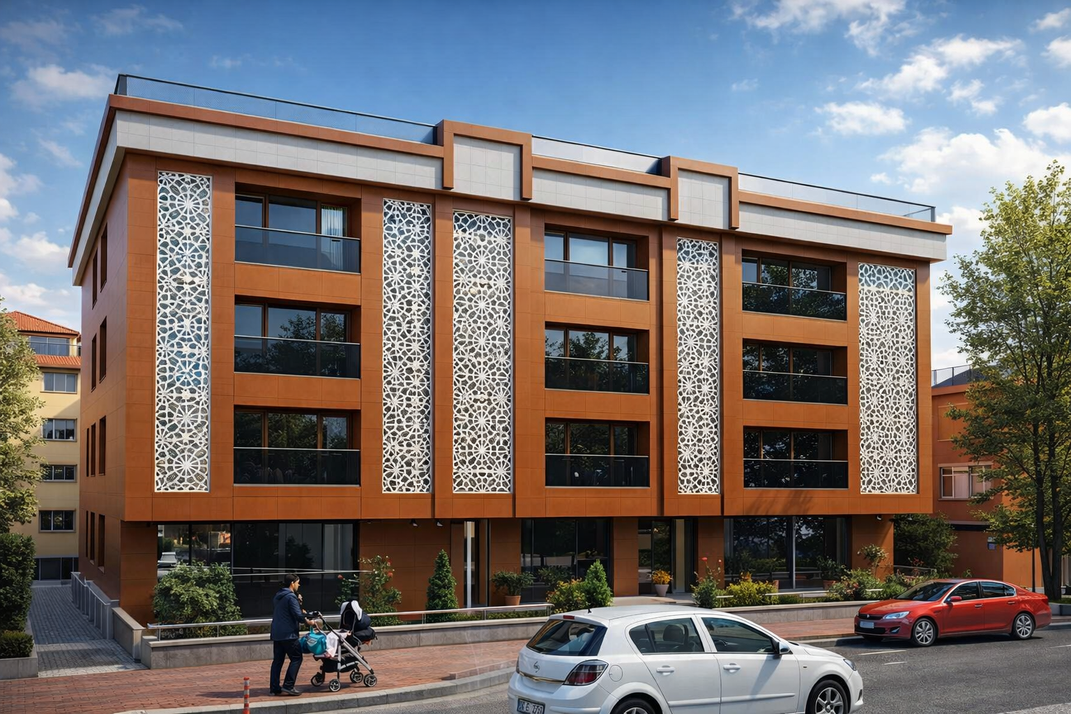 Cephesinde dekoratif beyaz kafes panelleri, büyük pencereleri ve balkonları olan, ağaçlarla ve sokakta park halindeki arabalarla çevrili modern çok katlı konut binası.