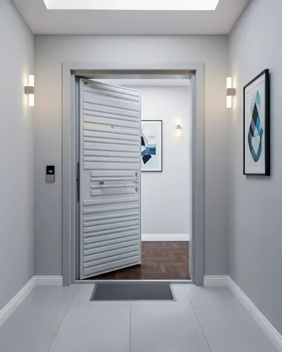 Entrance to a modern apartment with a slightly open white louvered door, gray walls, abstract artwork, a digital number panel showing 48, and a gray floor mat.
