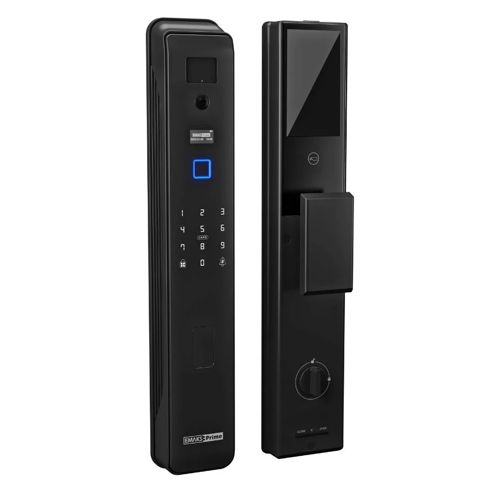 Two black modern digital door lock panels with keypad, touchscreen, and card scanner, designed for securing a door.