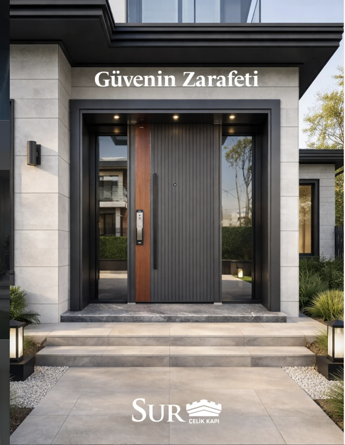 Modern house entrance with large black and wooden door, gray stone steps, and exterior lighting.