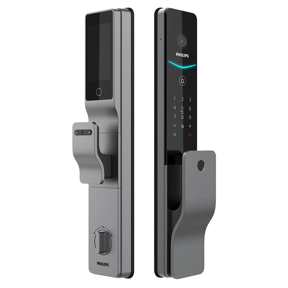 Two modern electronic door locks with keypads and fingerprint scanners, one with a touch screen display and the other with a keypad and dial, in silver and black colors.