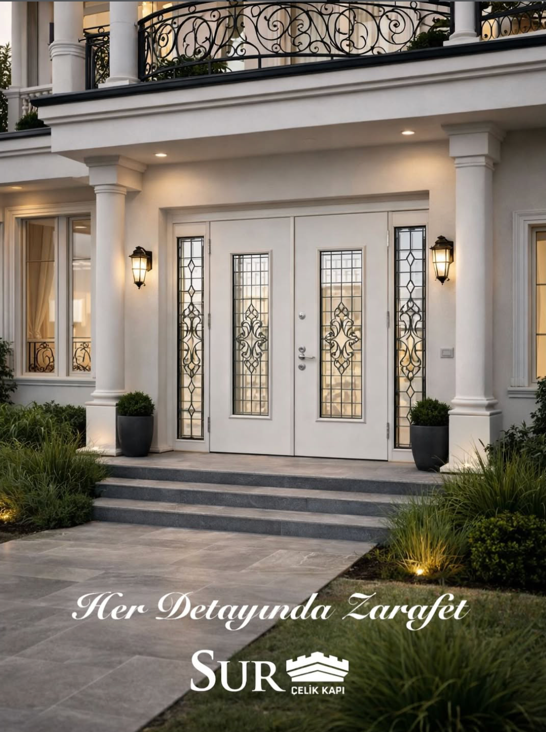 Front view of a modern house entrance with white double doors that have decorative glass panels and black wrought iron accents, surrounded by white pillars, outdoor wall lanterns, and potted plants on either side of the stairs leading to the door.
