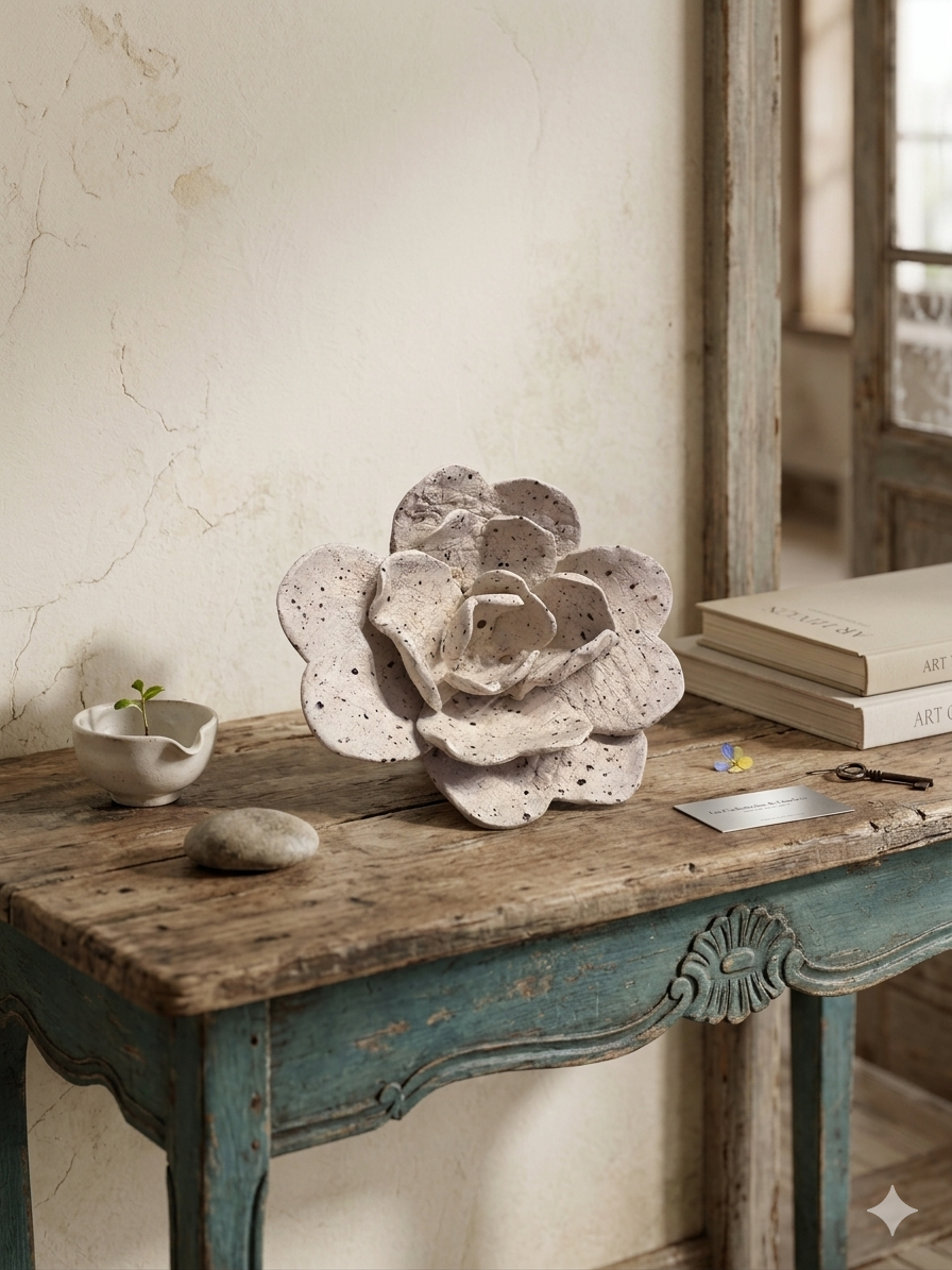 Fleur Éternelle en Grès Pyrité – Éclosion Minérale (Intérieur/Extérieur)