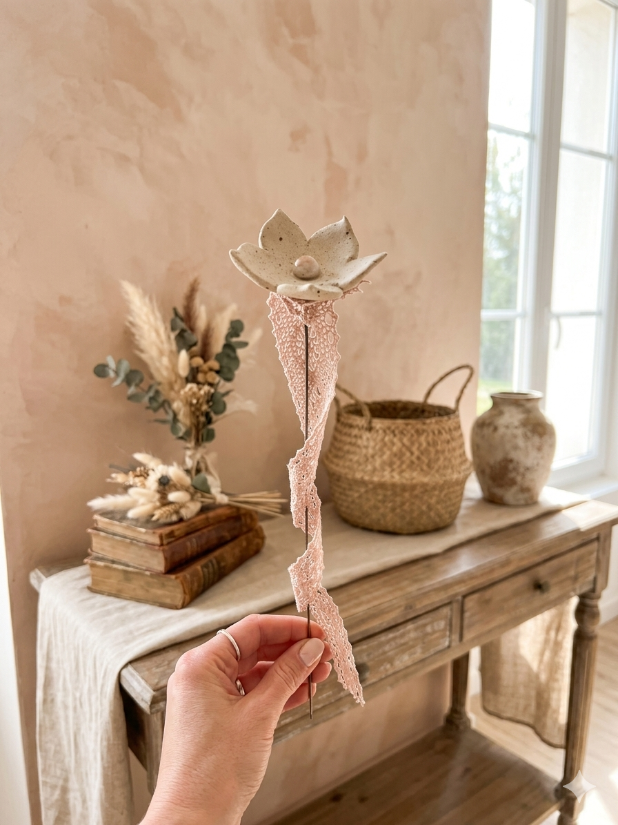 Fleur Éternelle en Grès Pyrité & Dentelle – Rose Poudré