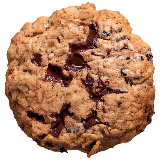 Close-up of a chocolate chip cookie with visible chunks of chocolate.