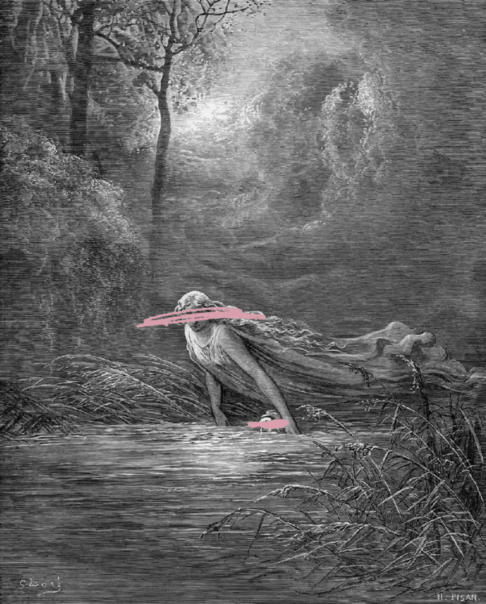 A black and white drawing of a woman with long flowing hair kneeling in a stream, surrounded by nature, with trees and rocks in the background.