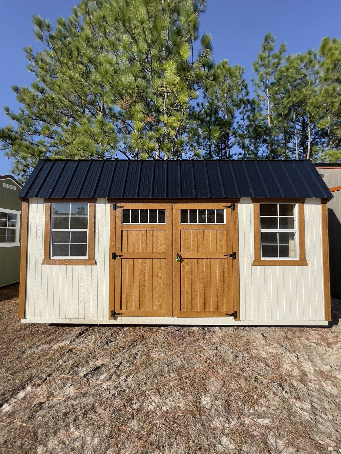 Wooden storage shed with black metal roof, two windows, and a central double door, surrounded by pine trees and a clear blue sky.