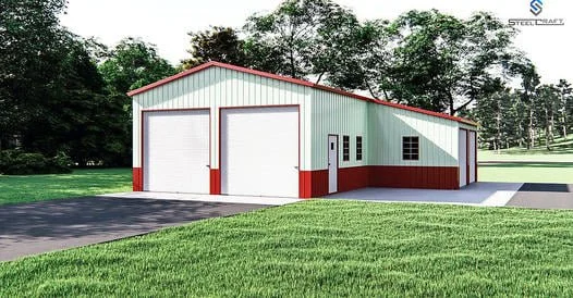 A metal garage with two large roll-up doors, a red and white exterior, and a pitched roof, set on a concrete slab surrounded by green grass and trees.